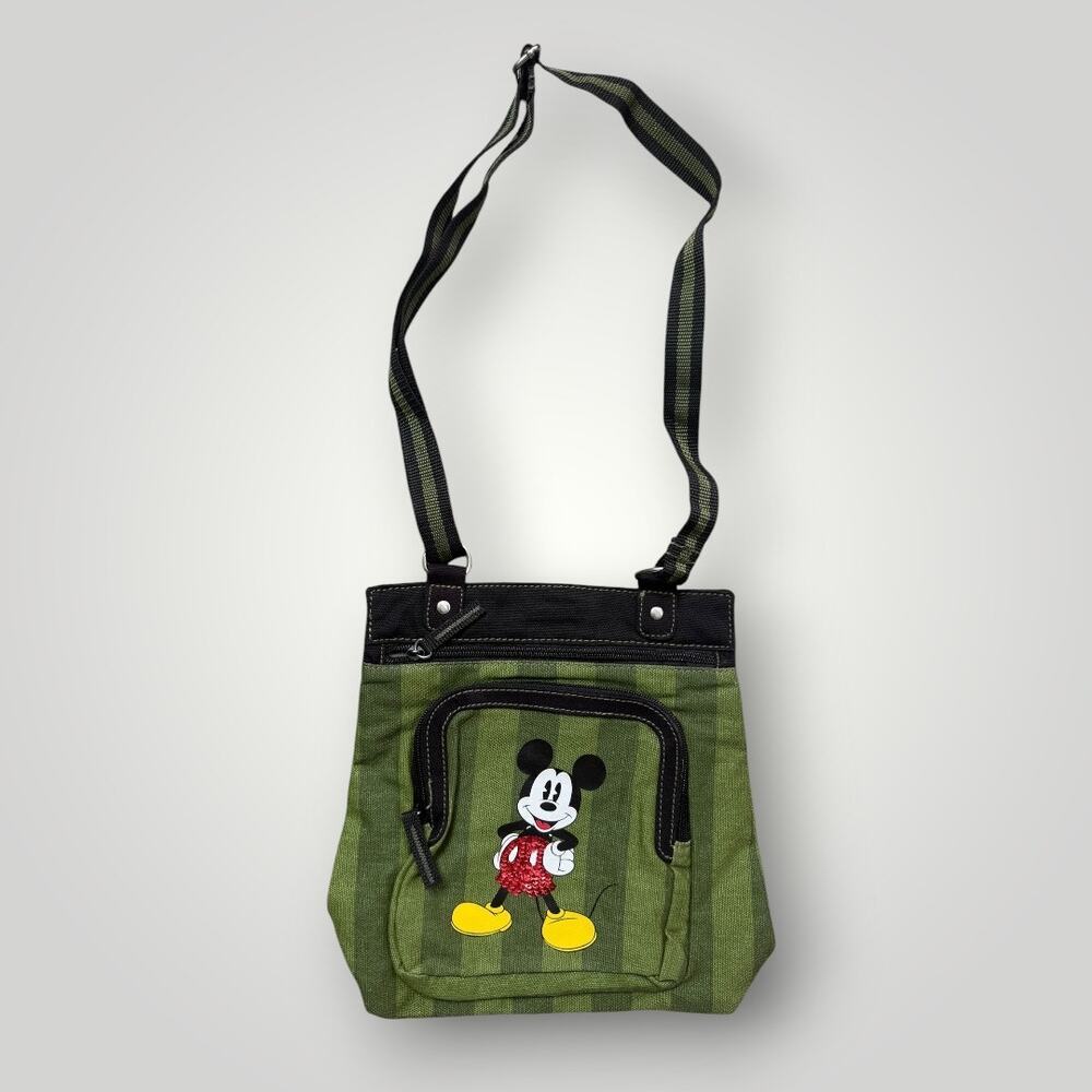 Disney Mickey Mouse Canvas Stripe Olive Green Shoulder Bag Purse Red Sequins